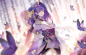 Rule 34 | 2girls, alternate costume, behind another, braid, breasts, bridal gauntlets, bug, butterfly, cleavage, commentary, flower, from behind, genshin impact, hair ornament, insect, japanese clothes, kimono, large breasts, long braid, makoto (genshin impact), mitu yang, mole, mole under eye, multiple girls, neck ribbon, off shoulder, open mouth, outdoors, purple eyes, purple hair, purple kimono, raiden shogun, red ribbon, red sash, ribbon, sash, siblings, single braid, sisters, thighs, twins, upper body, wisteria