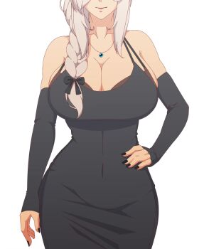 Rule 34 | 1girl, 2025, absurdres, alternate costume, animal ear fluff, animal ears, animated, arm at side, bare shoulders, black bow, black dress, black nails, black sleeves, bouncing breasts, bow, bra, braid, breasts, brown bra, cleavage, closed mouth, collarbone, commentary, cowboy shot, detached sleeves, discordia (vtuber), dress, english commentary, eyelashes, female focus, fingernails, fox ears, fox girl, grey hair, hair between eyes, hair bow, hair over one eye, hair over shoulder, halterneck, hand in own hair, hand on own hip, highres, huge breasts, indie virtual youtuber, jewelry, large breasts, leaning forward, lips, long braid, long fingernails, long hair, looking at viewer, nail polish, nbl, necklace, parted lips, pulling own clothes, red eyes, second-party source, simple background, single braid, sleeveless, sleeveless dress, smile, solo, standing, straight-on, strap pull, teasing, underwear, video, virtual youtuber, white background, white hair
