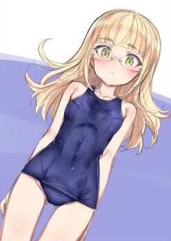 Rule 34 | 1girl, aohashi ame, blonde hair, blue one-piece swimsuit, blush, breasts, covered navel, glasses, gluteal fold, green eyes, groin, highres, long hair, looking at viewer, old school swimsuit, one-piece swimsuit, perrine h. clostermann, school swimsuit, small breasts, solo, strike witches, swimsuit, thigh gap, thighs, world witches series
