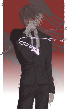 1000ma 1boy black_necktie black_suit blonde_hair collared_shirt commentary cowboy_shot formal_clothes hand_on_own_face highres hunter_x_hunter jacket kurapika looking_to_the_side male_focus necktie pillarboxed red_eyes shirt short_hair solo suit suit_jacket symbol-only_commentary white_shirt
