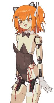 1girl a.i._voice adachi_rei animal_ears black_bow black_bowtie black_leotard blush bow bowtie cable cat_ears cat_girl flat_chest gloves hair_ribbon highres joints leotard medium_hair mottoyo no_nipples one_side_up open_mouth orange_eyes orange_hair ribbon robot_girl robot_joints simple_background solo utau white_background white_gloves white_ribbon