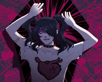 1girl absurdres alternate_costume ame-chan_(needy_girl_overdose) arms_up black_hair choker commentary english_commentary face_piercing glowing glowing_eye grin hair_ornament hair_over_one_eye hands_up heart heart_print highres lip_piercing lip_ring long_sidelocks needy_girl_overdose piercing pink_eyes scar scar_on_arm self-harm_scar shirt shoulder_tattoo sidelocks smile solo t-shirt tattoo tempusumbra thorns torn_clothes torn_shirt twintails upper_body white_shirt wrist_cutting x_hair_ornament