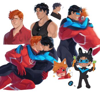 2boys absurdres bara black_bodysuit black_hair blue_bodysuit blue_eyes blush bodysuit carrot chibi closed_eyes closed_mouth collared_shirt couple dc_comics dick_grayson domino_mask eye_mask food green_eyes haljordanmylove highres holding holding_carrot holding_food hug jewelry kid_flash kiss large_pectorals male_focus mask multicolored_bodysuit multiple_boys muscular muscular_male necklace nightwing one_eye_closed open_mouth orange_hair pectorals red_bodysuit red_shirt shirt short_hair simple_background smile tank_top two-tone_bodysuit wally_west white_background white_bodysuit yaoi young_justice