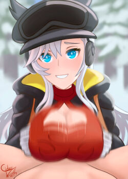 1boy 1girl black_jacket blue_eyes breasts ciderwrath cleavage_cutout clothing_cutout dragalia_lost ear_covers earmuffs forest gloves goggles goggles_on_head highres ilia_(dragalia_lost) ilia_(dragonyule)_(dragalia_lost) jacket large_breasts looking_at_viewer nature open_clothes open_jacket open_mouth paizuri red_shirt shirt signature snow white_gloves white_hair