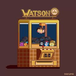 1girl animated artist_name black_eyes blonde_hair bloop_(gawr_gura) bubba_(watson_amelia) controller crane_game dakuma death-sensei_(mori_calliope) deerstalker glasses grey_background happy_birthday hat hololive hololive_english holomyth joystick kotori_(takanashi_kiara) no_humans pixel_art smile stuffed_toy takodachi_(ninomae_ina'nis) video virtual_youtuber watson_amelia