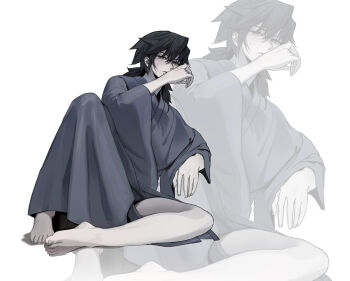 1boy barefoot black_hair commentary_request full_body grey_eyes grey_kimono hair_between_eyes hand_over_face highres japanese_clothes kimetsu_no_yaiba kimono korean_commentary long_hair low_ponytail male_focus pale_skin ponytail ppo_er sitting solo sweatdrop tomioka_giyuu white_background wide_sleeves