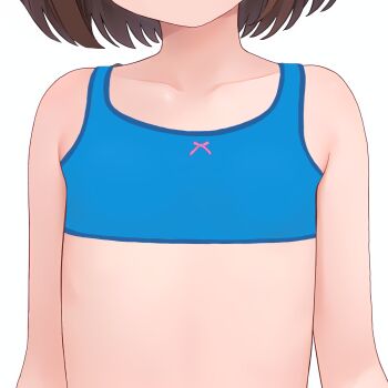 1girl blue_bra bra brown_hair close-up flat_chest highres loli original short_hair solo totorin7124 training_bra underwear white_background