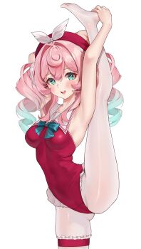 alternate_costume aqua_eyes aqua_hair blush breasts commentary_request hat highres honkai:_star_rail honkai_(series) hyacine_(honkai:_star_rail) leotard looking_at_viewer matrix16 medium_hair multicolored_hair open_mouth paid_reward_available pantyhose pink_hair red_hat red_leotard simple_background small_breasts smile soles split standing standing_on_one_leg standing_split toes twintails two-tone_hair white_background white_pantyhose