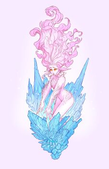 1girl absurdres breasts claws colored_skin crystal final_fantasy final_fantasy_vi head_wings highres long_hair medium_breasts monster_girl outstretched_arms pink_background pink_fur pink_hair pink_skin red_eyes sidelocks skirtzzz solo tina_branford trance_terra_branford upper_body wavy_hair wings