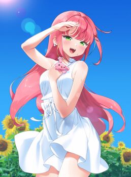 1girl absurdres arm_up armpit_crease blue_sky blush commentary cowboy_shot day dress flower green_eyes hair_intakes hair_ornament hairclip hanako_nana hand_up highres holding lens_flare long_hair looking_at_viewer nyancul open_mouth outdoors peto_(hanako_nana) pink_hair sky sleeveless sleeveless_dress smile solo standing stellive summer sundress sunflower sweat symbol-only_commentary virtual_youtuber white_dress x_hair_ornament yellow_flower