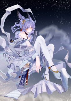 1girl absurdres arknights bare_shoulders closed_mouth commentary_request dress fingernails floating full_body grey_dress hagoromo hair_ornament highres light_particles long_hair looking_at_viewer marin_(pixiv_id_77945339) off_shoulder official_alternate_costume orange_eyes pantyhose partial_commentary ptilopsis_(amongst_the_clouds)_(arknights) ptilopsis_(arknights) purple_hair shawl shoes solo tassel white_pantyhose white_shawl white_shoes