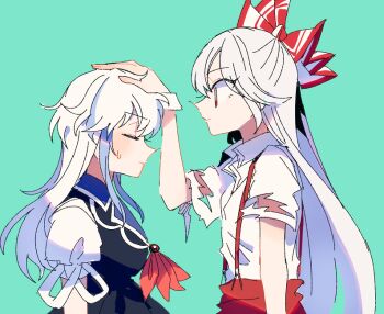 Rule 34 | 2girls, blue dress, bow, closed eyes, closed mouth, collared shirt, commentary request, dress, fujiwara no mokou, green background, hair bow, hand on another's head, headpat, itomugi-kun, kamishirasawa keine, long hair, multiple girls, pants, red eyes, red pants, shirt, short sleeves, suspenders, torn clothes, torn shirt, touhou, upper body, very long hair, white bow, white hair, white shirt