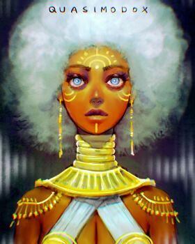 1girl absurdres african afro blue_eyes bracelet breasts curly_hair dark-skinned_female dark_skin earrings elena_(street_fighter) facial_mark gold gold_earrings highres jewelry makeup mascara neck_ring quasimodox queen street_fighter street_fighter_iii_(series) white_hair