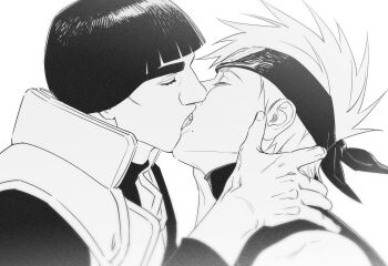 Rule 34 | 2boys, black hair, black headband, black shirt, blunt bangs, bowl cut, cheekbones, closed eyes, commentary request, flak jacket, french kiss, grey hair, greyscale, hand on another's neck, hatake kakashi, headband, highres, intelli intel, jacket, kiss, korean commentary, male focus, might guy, monochrome, multiple boys, naruto (series), scar, scar across eye, scar on face, shirt, short hair, sleeveless, sleeveless turtleneck, spiked hair, thick eyebrows, turtleneck, upper body, white background, yaoi