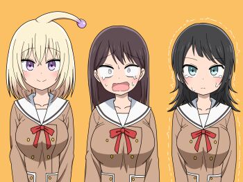 3girls @_@ alien antennae bang_dream! bang_dream!_it's_mygo!!!!! black_hair blonde_hair blue_eyes closed_mouth commentary_request crying hanasakigawa_school_uniform highres long_hair long_sleeves medium_hair misumi_uika multiple_girls neck_ribbon noshimurin open_mouth orange_background purple_eyes red_ribbon ribbon sailor_collar school_uniform shiina_taki simple_background trembling white_sailor_collar yahata_umiri