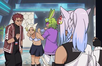 1girl 3boys :d animal_ears black_gloves black_pants black_shirt blonde_hair blue_hair blue_skirt borrowed_clothes bra braid cat_boy cat_ears cat_girl cat_tail caught clenched_hand crossdressing crossdressing_(mtf) danshi_koukousei_no_nichijou eheeya_(ff14) eutrope_(ff14) facial_mark final_fantasy final_fantasy_xiv fingerless_gloves game_screenshot_background gloves green_hair hashtag-only_commentary hector_(ff14) heterochromia highres holding holding_panties holding_underwear holding_unworn_clothes hyur jacket looking_at_another medium_hair miqo'te multicolored_hair multiple_boys no_shirt off_shoulder open_mouth panties pants pink-tinted_eyewear ponytail purple_bra purple_hair purple_jacket purple_panties rabbit_boy rabbit_ears red_eyes red_hair red_jacket retsarra_(ff14) scar scar_on_face screenshot_background shirt short_hair single_bare_shoulder skirt smile soku1207 sunglasses tail tinted_eyewear underwear viera white_jacket white_pants yellow_eyes