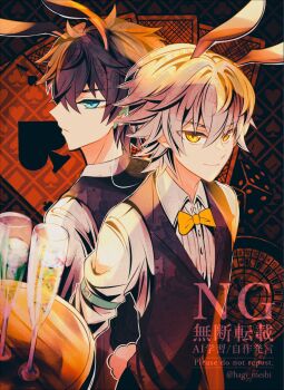 2boys alcohol alternate_costume animal_ears artist_name back-to-back black_hair black_vest blue_eyes bow bowtie buttons caelus_(honkai:_star_rail) card closed_mouth collared_shirt commentary_request cup dan_heng_(honkai:_star_rail) dice drinking_glass earclip eyeliner fake_animal_ears fake_tail from_side grey_hair hagi_meshi hair_between_eyes highres holding holding_card holding_tray honkai:_star_rail honkai_(series) ice ice_cube lapels long_sleeves looking_at_viewer makeup male_focus multiple_boys rabbit_ears rabbit_tail red_eyeliner shirt short_hair smile tail trailblazer_(honkai:_star_rail) tray upper_body vest watermark white_shirt yellow_bow yellow_bowtie yellow_eyes