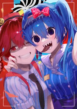 2girls :d absurdres arm_around_neck averting_eyes black_eyes black_necktie blue_background blue_dress blue_hair blue_hat blue_shirt blush border bow breasts cheek_squash commentary crazy curled_fingers diagonal-striped_bow dress drill_hair empty_eyes film_grain grin hair_between_eyes hat hat_bow hatsune_miku highres kasane_teto long_hair looking_afar looking_at_viewer looking_to_the_side masaki_(nna5qkj_oo) medium_breasts mesmerizer_(vocaloid) multiple_girls necktie nervous nervous_smile nervous_sweating one_eye_closed open_mouth outside_border raised_eyebrows red_border red_bow red_eyes red_hair red_hat scared selfie sharp_teeth shirt side-by-side small_breasts smile smiley_face striped_bow striped_clothes striped_dress striped_shirt suspenders sweat tearing_up teeth tongue tongue_out twin_drills twintails two-tone_shirt upper_body utau vertical-striped_clothes vertical-striped_dress vertical-striped_shirt viewfinder visor_cap vocaloid white_border white_shirt worried