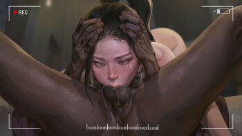 1boy 1girl absurdres bar_censor black_hair censored commentary dark-skinned_male dark_skin deepthroat english_commentary fellatio hands_on_another&#039;s_head hetero highres hoo_bamon interracial k/da_(league_of_legends) k/da_kai&#039;sa kai&#039;sa league_of_legends oral ponytail realistic recording testicles viewfinder