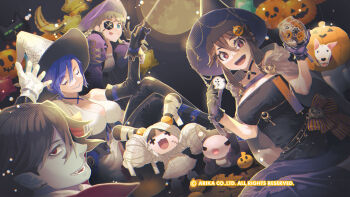 Rule 34 | 1boy, 3girls, area (arika), arika, artist request, blair dame, braid, breasts, brown hair, character request, closed mouth, dog, eyepatch, fighting ex layer, full moon, gloves, hat, highres, jack-o'-lantern, large breasts, long hair, looking at viewer, moon, multiple girls, mummy, nanase (arika), official art, official wallpaper, open mouth, pointy ears, pumpkin, short hair, smile, technictix, twin braids, v, witch hat
