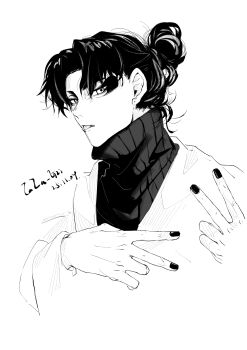 1boy :p absurdres chinese_commentary commentary cropped_shoulders curtained_hair double_v forehead from_side greyscale hair_bun high_collar highres jacket kagurabachi looking_at_viewer looking_to_the_side makeup male_focus monochrome parted_bangs simple_background solo sweater tongue tongue_out turtleneck turtleneck_sweater uruha_youji v whalebone_1022