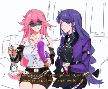 Rule 34 | 2girls, alternate costume, alternate universe, animal ears, bare shoulders, black gloves, blunt bangs, braid, breasts, cleavage, collarbone, collared shirt, commentary, couch, crop top, cropped jacket, cuffs, detached sleeves, dildo, electricity, english commentary, english text, fox ears, fox girl, genshin impact, gloves, glowing, hair between eyes, hair ornament, handcuffs, highres, holding, holding handcuffs, holding sex toy, hoyofair, huge dildo, idol, implied sex, jacket, jewelry, large breasts, long hair, long sleeves, looking at viewer, low-tied long hair, meme, multiple girls, navel, necklace, nervous sweating, on couch, open clothes, open jacket, pink hair, purple eyes, purple hair, purple jacket, raiden shogun, scared, sex toy, shaded face, shirt, single braid, sitting, skirt, sleeveless, stomach, sweat, when you piss off your girlfriend and she decides to drain you dry tonight (meme), white background, yae miko, yaro yk, yuri