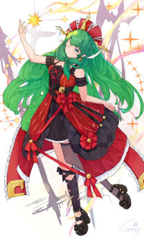 absurdres alternate_costume alternate_hair_length alternate_hairstyle amynos bare_shoulders black_ribbon black_shoes closed_mouth dress front_ponytail green_hair hair_ribbon highres kagiyama_hina leg_ribbon long_hair looking_at_viewer one_eye_closed red_dress red_ribbon ribbon shoes signature star_(sky) touhou very_long_hair