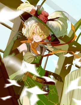 1girl bare_shoulders belt belt_pouch biquan_dogger blue_sky bow brown_belt chinstrap dress drill_hair elbow_gloves flower flying_paper gloves green_dress green_eyes green_gloves green_hat grin hand_up hat hat_feather hat_flower highres indoors long_hair looking_to_the_side low_twintails motion_blur orange_bow paper picture_hat pouch red_flower reverse:1999 sky sleeveless sleeveless_dress smile solo sotheby teeth twin_drills twintails upper_body window