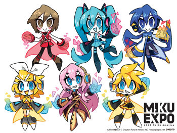 2boys 4girls :&gt; absurdly_long_hair aqua_eyes aqua_hair aqua_necktie aqua_skirt arm_tattoo artist_name black_shirt black_shoes black_shorts black_skirt black_sleeves black_thighhighs blonde_hair blue_eyes blue_hair blush boots bow breasts bright_pupils brown_eyes brown_hair brown_shoes character_name closed_mouth coat commentary company_name copyright_notice deformed detached_sleeves english_commentary full_body grey_leg_warmers grey_pants grey_shorts grey_sleeves grin hair_between_eyes hair_bow hair_ornament hairclip hatsune_miku hatsune_miku_expo headset jacket kagamine_len kagamine_rin kaito_(vocaloid) leg_warmers long_hair long_sleeves looking_at_viewer medium_hair megurine_luka meiko_(vocaloid) multiple_boys multiple_girls necktie number_tattoo official_art open_mouth pants pink_hair pleated_skirt red_jacket red_skirt sailor_collar second-party_source shirt shoes short_hair shorts side_slit single_detached_sleeve skirt smile socky spiked_hair tattoo teeth thigh_boots thighhighs twintails very_long_hair vocaloid white_bow white_coat white_pupils white_shirt white_shoes yellow_necktie yellow_sailor_collar yellow_shoes yellow_sleeves