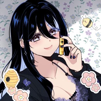 1girl bee beehive black_hair black_jacket black_nails blue_bra blue_hair bra breasts bug cleavage closed_mouth collarbone colored_inner_hair commentary cross cross_earrings double-parted_bangs ear_piercing earrings english_commentary fingernails floral_background grey_eyes hair_between_eyes hand_up highres holding insect jacket jewelry large_breasts long_hair long_sleeves looking_at_viewer multicolored_hair nail_polish original piercing ryuuxin sadie_(ryuuxin) smile solo streaked_hair underwear upper_body