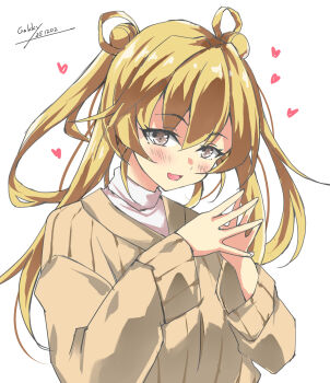 Rule 34 | 1girl, abukuma (kancolle), abukuma (round one) (kancolle), blonde hair, blue eyes, brown sweater, commentary request, double bun, gakky, hair bun, hair rings, highres, kantai collection, looking at viewer, official alternate costume, one-hour drawing challenge, shirt, simple background, smile, solo, steepled fingers, sweater, twintails, upper body, white background, white shirt