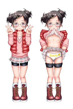 1girl banana_panties banana_print bandaid bandaids_on_nipples bike_shorts bike_shorts_pull black_bike_shorts black_hair blush boots breasts clothes_lift clothes_writing double_v food_print fruit_print glasses hair_ornament hairclip higeepon highres lace-up_boots lifting_own_clothes loli long_sleeves mouth_hold multiple_views panties pasties pink_shirt pink_sweater plaid_clothes plaid_skirt pleated_skirt print_clothes print_panties print_underwear red_vest shirt shirt_lift shoelaces shorts shorts_under_skirt simple_background skirt skirt_lift small_breasts smile smiley_face socks standing sweater sweater_lift underwear underwear_writing v vest white_background white_panties