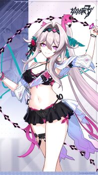 1girl arm_up bare_shoulders bikini bikini_skirt black_bikini black_hairband black_ribbon black_skirt bracelet breasts commentary_request copyright_name copyright_notice criss-cross_halter flower grey_hair hair_between_eyes hair_flower hair_intakes hair_ornament hair_ribbon hairband halterneck highres honkai_(series) honkai_impact_3rd jewelry long_hair looking_at_viewer medium_breasts navel official_art ponytail promotional_art purple_eyes red_flower ribbon side-tie_bikini_bottom skirt smile solo swimsuit thelema_nutriscu thelema_nutriscu_(roseate_summer) thigh_strap zoom_layer