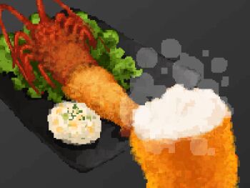 Rule 34 | commentary request, food, food focus, fried food, hisachan55cute, lettuce, lobster, no humans, original, pixel art, seafood, simple background, spring onion, steam, still life, tartar sauce