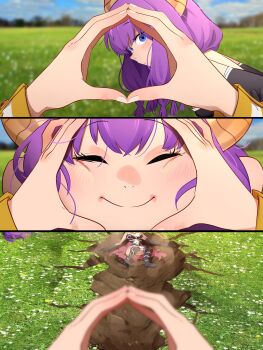 2girls aura_(sousou_no_frieren) aura_bullying_(meme) blue_eyes blurry blush closed_eyes dirt dragonball_z flower frieren grass horns khyle. kikoho multiple_girls nails pov purple_hair smile sousou_no_frieren torn_clothes triangle_hands