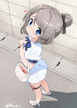 1girl artist_name bag blue_bow blue_bowtie blue_eyes bow bowtie commentary_request condom condom_box dress enema flying_sweatdrops grey_hair hair_bun heart highres kaiboukan_no._30_(kancolle) kantai_collection loli looking_at_viewer nassukun outdoors parted_lips puffy_short_sleeves puffy_sleeves remote_control_vibrator sex_toy shoes short_hair short_sleeves single_hair_bun solo thigh_strap vibrator vibrator_in_thigh_strap white_bag white_dress white_shoes