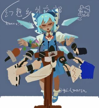 blue_dress blue_shoes blush chalkboard cirno closed_eyes commentary detached_wings disembodied_head dress english_commentary grmarsa hidden_star_in_four_seasons highres holding holding_microphone ice ice_wings microphone open_mouth shoes socks solo_focus tanned_cirno touhou translation_request twitter_username white_socks wings