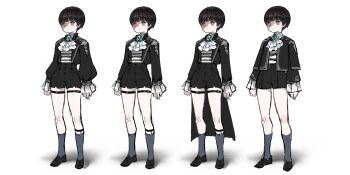 1boy 2022 absurdres arms_at_sides ascot back black_hair black_jacket black_shirt black_shoes black_shorts blue_eyes blue_socks blunt_bangs chest_jewel child collarbone commentary comparison concept_art dress_shoes english_commentary expressionless frilled_sleeves frills from_behind full_body grey_background highres jacket jewelry kkaebing kuro&#039;s_brothers_(under_the_witch) long_sleeves looking_at_viewer male_focus multicolored_hair multiple_views no_nose numericgazer official_art pale_skin puffy_long_sleeves puffy_sleeves shirt shoes short_hair shorts simple_background socks standing straight-on straight_hair striped_clothes striped_shirt thighlet turnaround two-tone_hair under_the_witch waist_cape white_ascot white_hair white_shirt