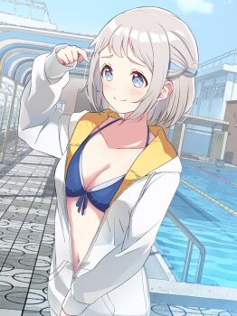 1girl bikini blue_bikini blue_eyes blue_ribbon blush braid breasts cleavage collarbone commentary day gakuen_idolmaster grey_hair hair_ribbon half_up_braid highres idolmaster jacket jacket_over_swimsuit katsuragi_lilja kimi_to_semi_blue_(idolmaster) long_sleeves medium_breasts nanananananasea navel outdoors partially_unzipped pool poolside ribbon ribbon_braid short_hair sidelocks smile solo swimsuit white_jacket