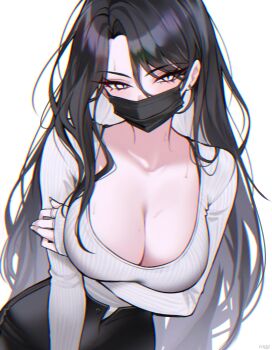 1girl absurdres arm_under_breasts artist_name black_pants blush bra_strap breasts chromatic_aberration cleavage commentary covered_mouth cowboy_shot curtained_hair english_commentary hair_between_eyes haze_(7h4ze) highres large_breasts long_bangs long_hair long_sleeves looking_at_viewer mask mouth_mask open_fly open_pants original pants ribbed_shirt scoop_neck shirt side_part sidelocks simple_background sleeves_past_wrists slit_pupils solo standing very_long_hair white_background white_eyes white_shirt