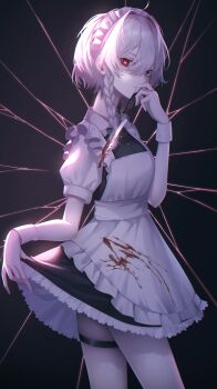 1girl absurdres apron black_shirt blood blood_on_clothes bloody_knife blue_eyes braid highres izayoi_sakuya knife maid maid_apron maid_headdress migihidari_(puwako) red_eyes shirt side_braids skirt skirt_hold solo touhou white_hair