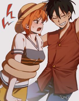 arm_around_waist black_hair blue_shorts blush breasts brown_eyes closed_eyes commentary_request cowboy_shot devil_fruit_power elasticity facial_scar grey_background grin hat highres korean_commentary looking_at_another medium_breasts monkey_d._luffy nami_(one_piece) nami_(one_piece)_(east_blue) one_piece only_op2024 open_mouth orange_hair red_vest scar scar_on_cheek scar_on_face shirt short_hair shorts simple_background skirt smile straw_hat extendable_limbs sweatdrop v-neck vest white_shirt yellow_skirt