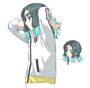 1boy aqua_hair blue_eyes inazuma_eleven_(series) inazuma_eleven_victory_road jacket kyuuden_mikan male_focus medium_hair multicolored_hair multiple_views sasanami_unmei simple_background two-tone_hair white_background white_jacket