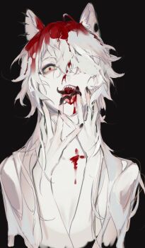 1other aegyo_sal ahoge animal_ear_piercing animal_ears black_background black_nails bleeding blood blood_in_hair blood_on_body blood_on_face blood_on_mouth censored censored_identity constricted_pupils covering_nipples covering_privates curly_hair fox_ears grabbing_own_chin hair_over_one_eye hands_up highres indie_virtual_youtuber long_hair looking_at_viewer mari_the_hybrid no_shirt reaching red_eyes sharp_teeth simple_background solo spread_fingers teeth tentacle_in_mouth tongue tongue_out upper_body white_hair yoimon