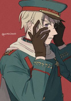 1boy artist_name axis_powers_hetalia blonde_hair brown_gloves buttons commentary_request gloves green_hat green_jacket hair_between_eyes hands_on_own_face hands_up hat highres jacket long_sleeves looking_at_viewer male_focus medal military military_hat military_jacket military_uniform peaked_cap perverse_honest purple_eyes red_background russia_(hetalia) scarf short_hair simple_background solo soviet_army star_ornament teeth upper_body white_scarf