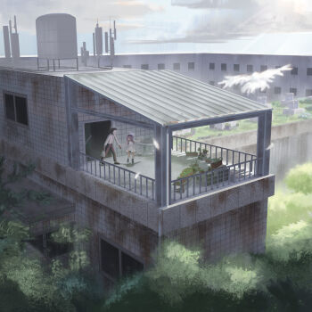 1boy 1girl absurdres atsuko_(blue_archive) bag bird black_pants blue_archive blue_sky building cloud cloudy_sky commentary day doodle_sensei_(blue_archive) dress english_commentary falling_feathers feathers grabbing_another's_hand hair_over_shoulder halo highres holding holding_bag low_twintails outdoors pants plant plastic_bag pointing potted_plant purple_hair purple_halo radio_antenna railing salenpath scenery sensei_(blue_archive) shirt sky terrace_(architecture) tile_wall tiles tin_roof tree twintails very_wide_shot water_tank white_dress white_shirt window