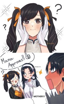 1boy 2girls ? absurdres black_hair blush brown_eyes chinese_clothes confused embarrassed english_text erueki gloves hair_ribbon hairband hand_on_another&#039;s_face highres inspecting kazama_jin kazama_jun ling_xiaoyu long_hair mother_and_son multiple_girls one_eye_closed ribbon spiked_hair tekken tekken_8 thumbs_up twintails twitter_username white_gloves wink