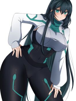 1girl ass black_bodysuit black_hair blush bodysuit breasts covered_navel green_eyes gundam gundam_build_divers gundam_build_divers_re:rise hair_between_eyes hand_on_own_hip hand_on_own_leg hand_on_own_thigh highres juice_(jule_tyaojule) large_breasts leaning_forward long_hair long_sleeves looking_at_viewer may_(gundam_build_divers_re:rise) shrug_(clothing) solo very_long_hair white_background