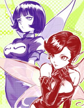 2girls absurdres bare_shoulders breasts demon_(megami_tensei) devil_summoner:_soul_hackers devil_summoner_(series) dual_persona elbow_gloves fairy fairy_wings gloves green_background highres leotard limited_palette long_pointy_ears looking_ahead multiple_girls pixie_(megami_tensei) pointy_ears puffy_short_sleeves puffy_sleeves purple_theme red_theme shin_megami_tensei shirt short_hair short_sleeves turtleneck turtleneck_shirt twitter_username wings yokaroni
