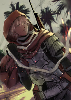 1boy armor black_gloves breastplate cape commentary_request dark-skinned_male dark_skin dutch_angle emiya_kiritsugu emiya_kiritsugu_(assassin) fate/grand_order fate_(series) gloves gun gun_on_back highres holding hood hooded_cape looking_to_the_side majimaaa male_focus palm_tree red_cape red_hood signature solo tree upper_body weapon weapon_on_back white_hair